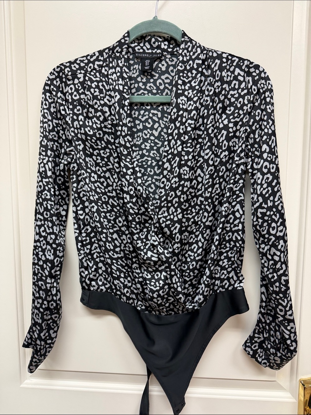 Sincerly Jules Black & White Leopard Wrap-Front Bodysuit